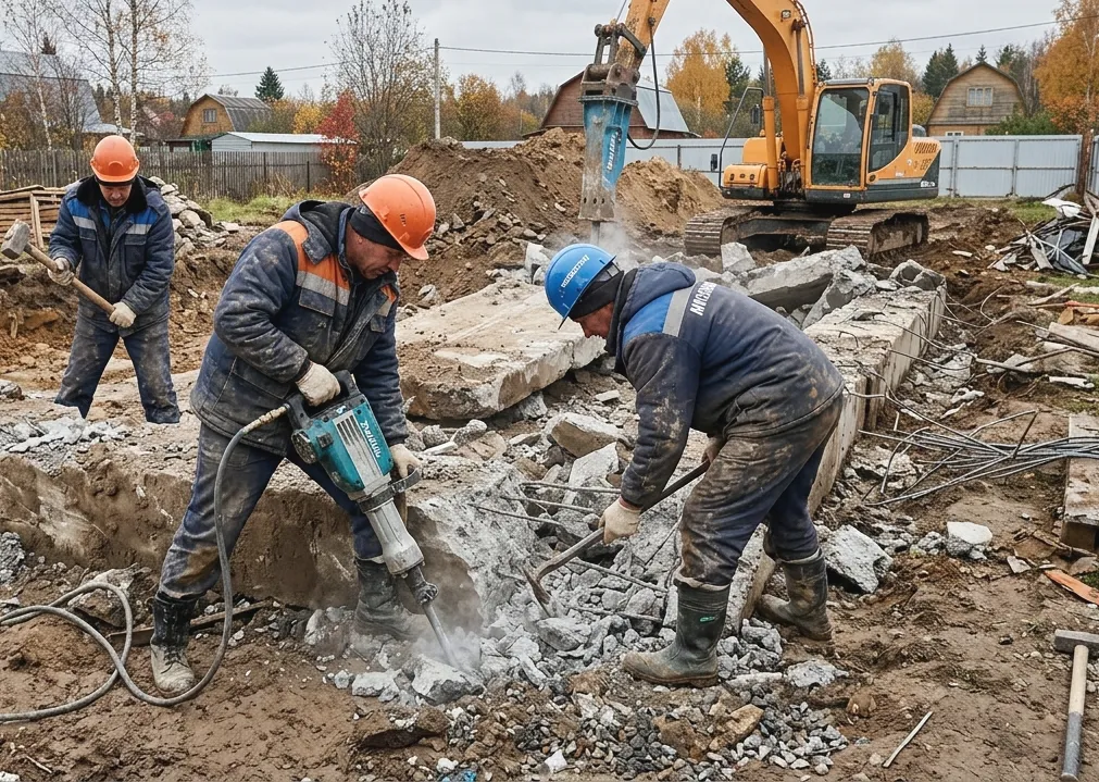 Рабочие разбирают фундамент частного дома